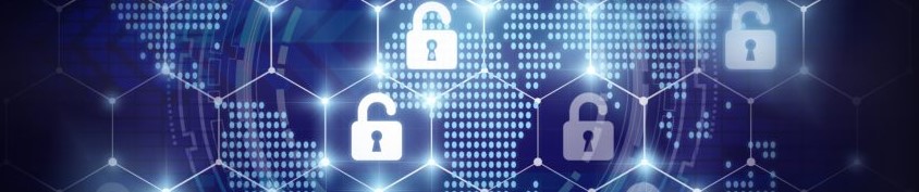 Digital image with blue and light-filled colors. A map in the background with a honeycomb overlay and small locks that are unlocked.
