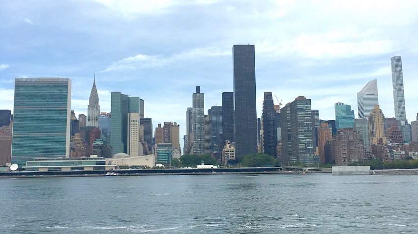 View of the New York City skyline from the Hudson river including the United Nations Headquarters